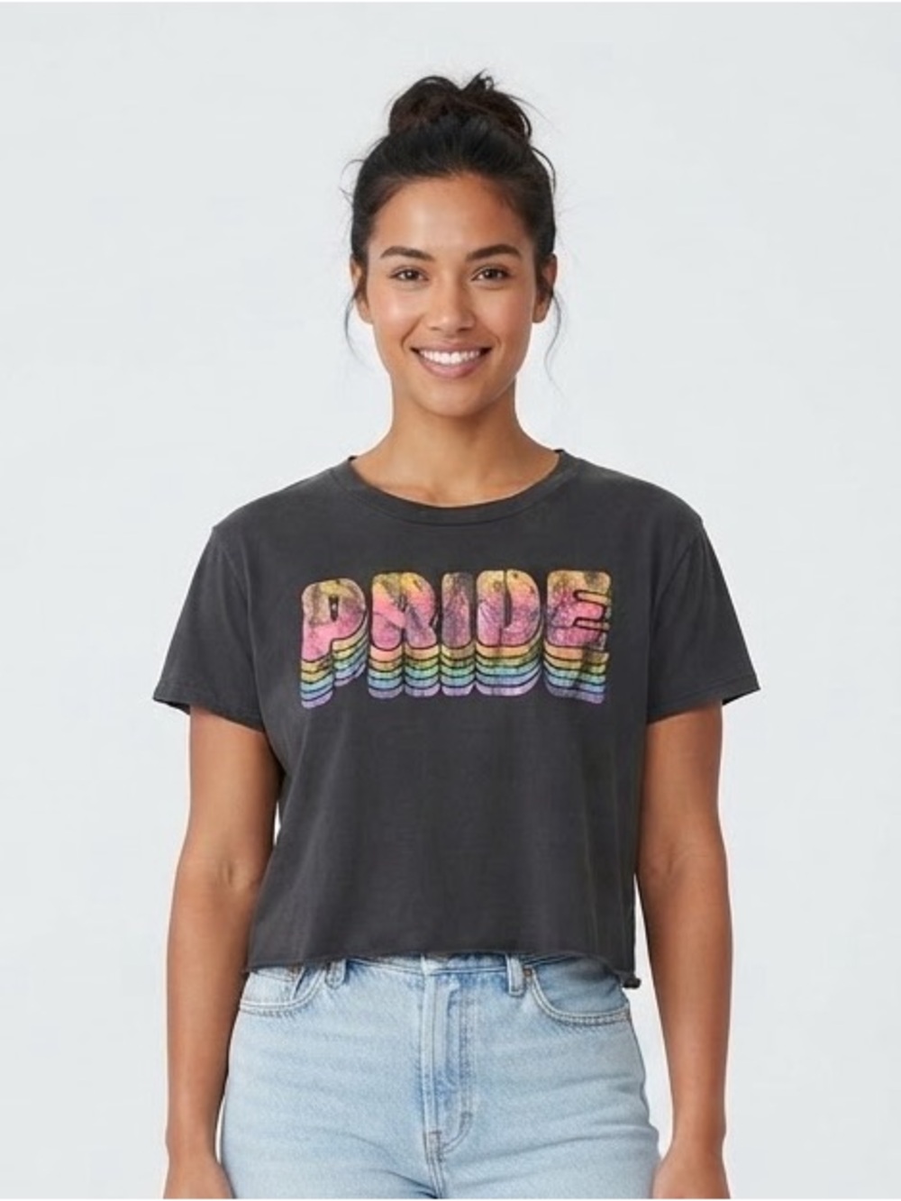 Originality Pride Graphic Crop Tee Black Rainbow Retro Vintage Wash Size Medium